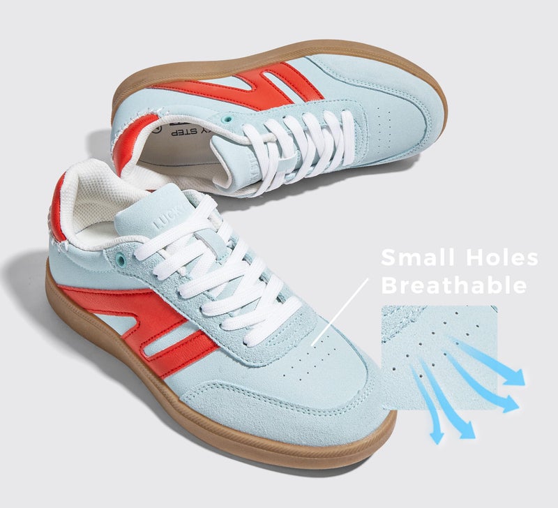 LUCKY STEP Women Classic Retro Gum Sole Fashion Sneakers Casual Tennis Skate Shoe Genuine Leather Walking Footwear Anti Slip Trainers(Mint/Red,7) - Image 5