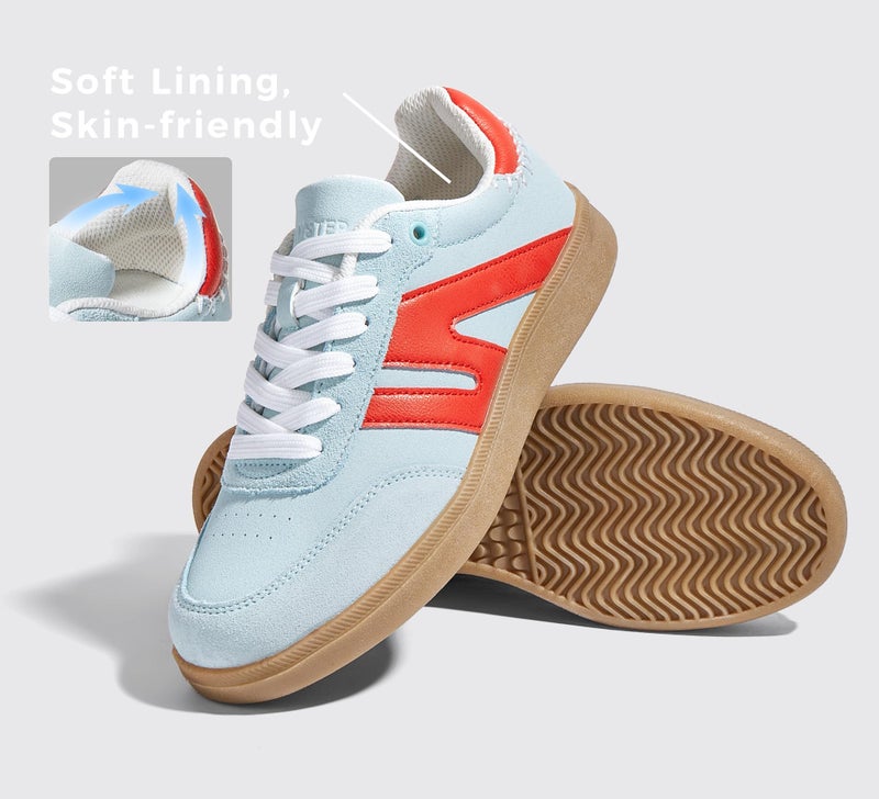 LUCKY STEP Women Classic Retro Gum Sole Fashion Sneakers Casual Tennis Skate Shoe Genuine Leather Walking Footwear Anti Slip Trainers(Mint/Red,7) - Image 4