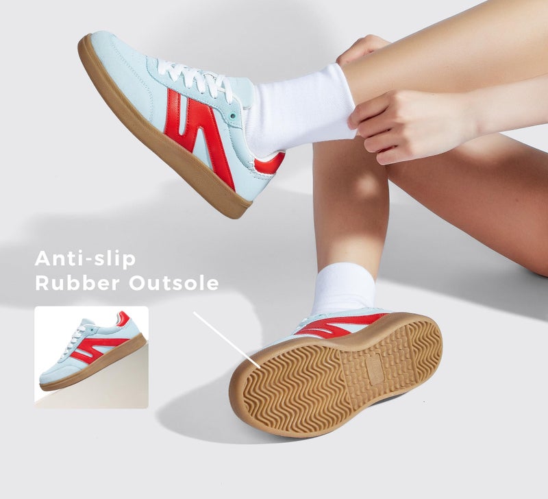 LUCKY STEP Women Classic Retro Gum Sole Fashion Sneakers Casual Tennis Skate Shoe Genuine Leather Walking Footwear Anti Slip Trainers(Mint/Red,7) - Image 3
