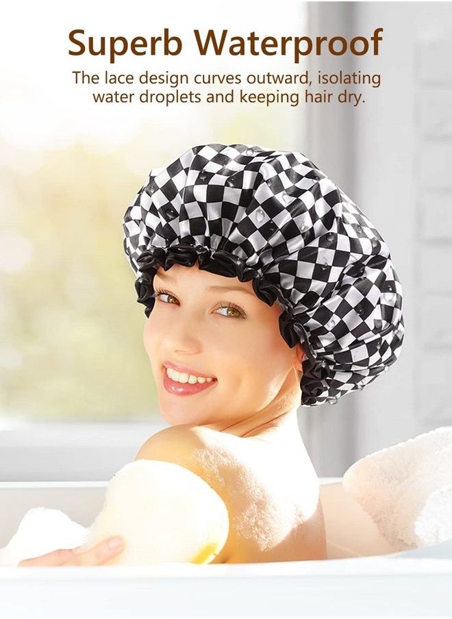 mikimini Shower Cap for Women, Reusable, Double Layers Waterproof Bathing Shower Hat with Soft Comfortable PEVA Lining, non-fading, Stretchy & Shower Cap for Long Hair Medium Pack of 1 Checkerboard  - Image 2