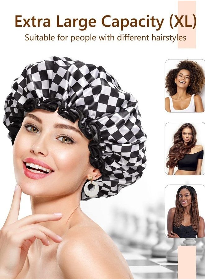mikimini Shower Cap for Women, Reusable, Double Layers Waterproof Bathing Shower Hat with Soft Comfortable PEVA Lining, non-fading, Stretchy & Shower Cap for Long Hair Medium Pack of 1 Checkerboard  - Image 5
