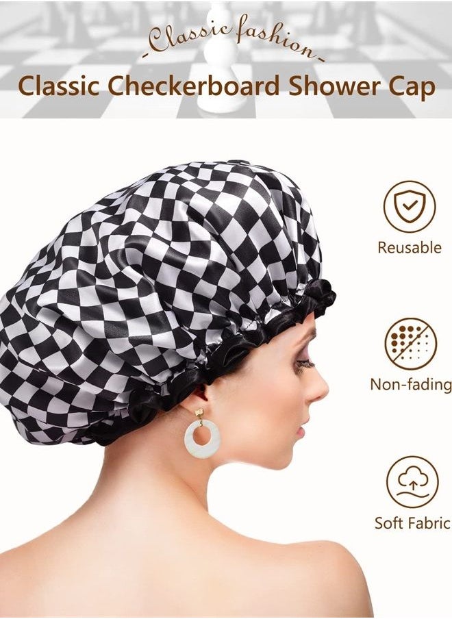 mikimini Shower Cap for Women, Reusable, Double Layers Waterproof Bathing Shower Hat with Soft Comfortable PEVA Lining, non-fading, Stretchy & Shower Cap for Long Hair Medium Pack of 1 Checkerboard  - Image 3