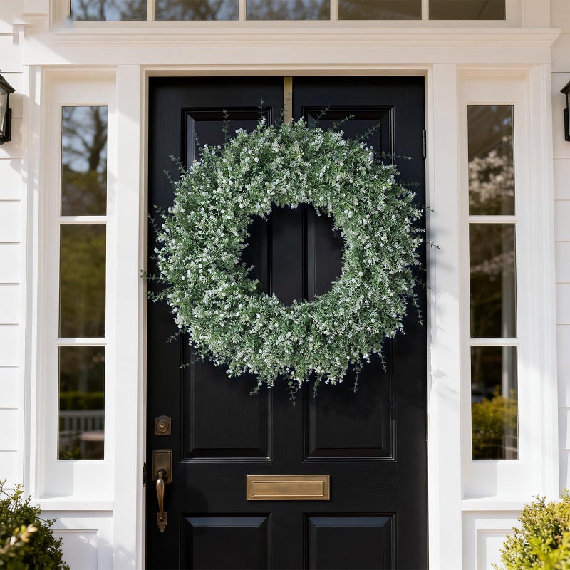 FOTEEWL 32'' Large Eucalyptus Wreath for Front Door, Porch- Artificial Eucalyptus and Lavender with Babys Breath Flowers Wreath for Home, Farmhouse Wall Decor- Spring, Summer, Fall, All Seasons (White-Green) - Image 2