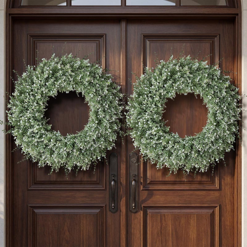 FOTEEWL 32'' Large Eucalyptus Wreath for Front Door, Porch- Artificial Eucalyptus and Lavender with Babys Breath Flowers Wreath for Home, Farmhouse Wall Decor- Spring, Summer, Fall, All Seasons (White-Green) - Image 3