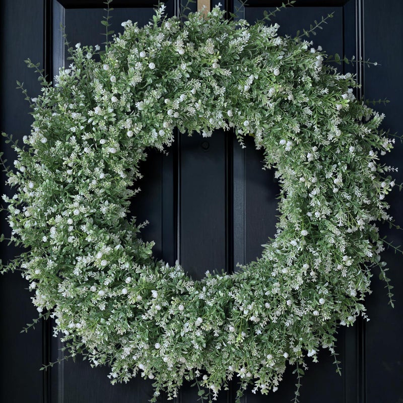 FOTEEWL 32'' Large Eucalyptus Wreath for Front Door, Porch- Artificial Eucalyptus and Lavender with Babys Breath Flowers Wreath for Home, Farmhouse Wall Decor- Spring, Summer, Fall, All Seasons (White-Green) - Image 1