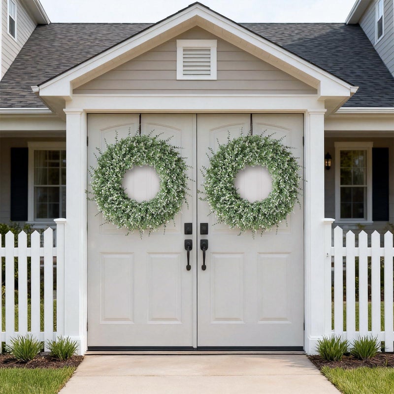 FOTEEWL 32'' Large Eucalyptus Wreath for Front Door, Porch- Artificial Eucalyptus and Lavender with Babys Breath Flowers Wreath for Home, Farmhouse Wall Decor- Spring, Summer, Fall, All Seasons (White-Green) - Image 4
