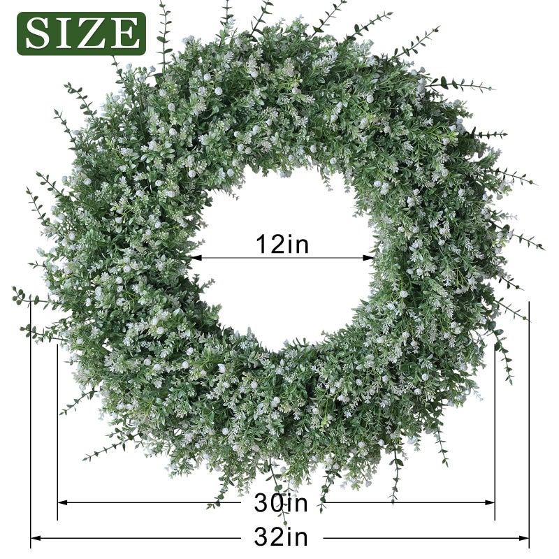 FOTEEWL 32'' Large Eucalyptus Wreath for Front Door, Porch- Artificial Eucalyptus and Lavender with Babys Breath Flowers Wreath for Home, Farmhouse Wall Decor- Spring, Summer, Fall, All Seasons (White-Green) - Image 5