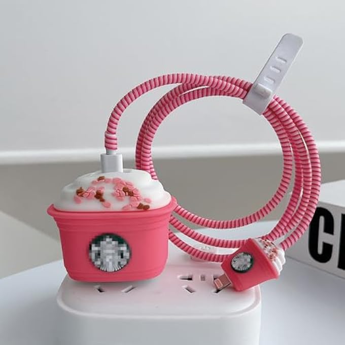 Starbucks CUTE CARTOON PROTECTIVE CASE FOR IPHONE 20W USB-C ADAPTER CHARGER CABLE, UNIQUE DESIGN FUNNY KAWAII 3D CARTOON CHARGER COVER CABLE PROTECTOR FOR IPHONE FAST CHARGER (PINK CUP) - Image 1
