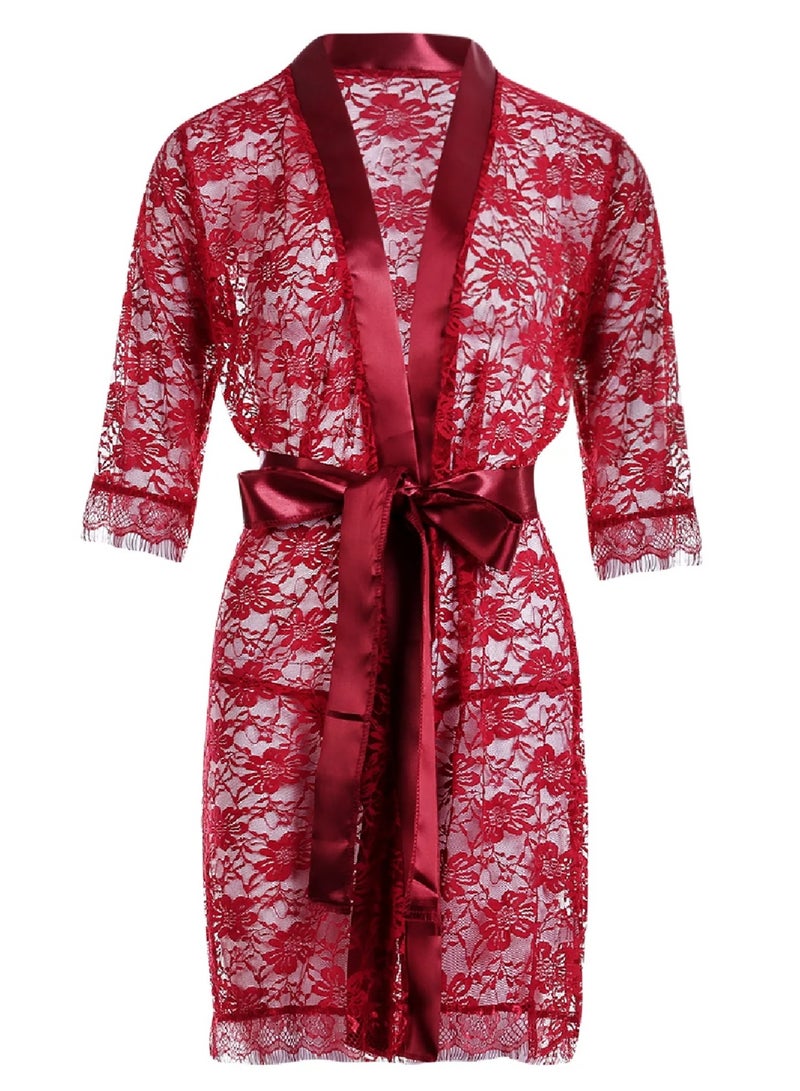VITION ملابس داخلية نسائية للبنات بيبي دول ملابس نوم شهر العسل ملابس داخلية معطف دانتيل سراويل داخلية ملابس نوم فستان نوم شبكة ماكسي ملابس نوم مجموعة (XL) أحمر - Image 1