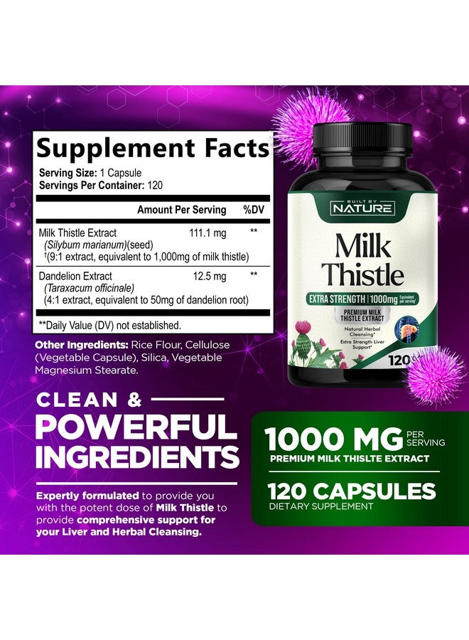Built By Nature Milk Thistle 1000mg - Liver Detox Supplement with Silymarin Extract & Dandelion Root - Gentle Herbal Liver Cleanse for Men & Women - Liver Health Support - Non-GMO - 120 Veggie Capsules - Image 2
