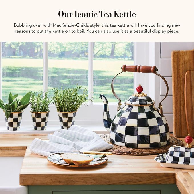 mackenzie childs Mackenzie-Childs Enamel Tea Kettle, Stylish Tea Kettle For Stovetop, Black-And-White Courtly Check, 3 Quarts - Image 5