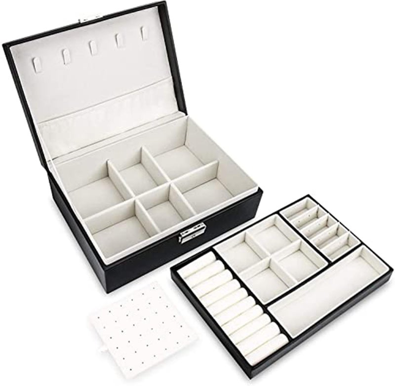 Kriva 2Layer PU Leather Removable Tray Imitation Jewelry Storage Case For Safely Necklace Earrings Rings Bracelets Vintage & All Jewelry, Travels, Gifts (Black-8.89x17.02x22.86cm-1Pcs) - Image 3
