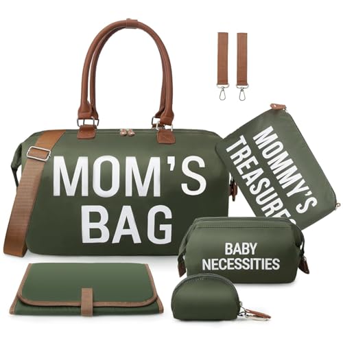 printe 6pcs Large Diaper Bag Tote with Changing Pad 2 Organized Pouches Moms Bag for Hospital with Pacifier Case Straps Stroller Hook Baby Diaper Bag for Weekender Travel Olive Green