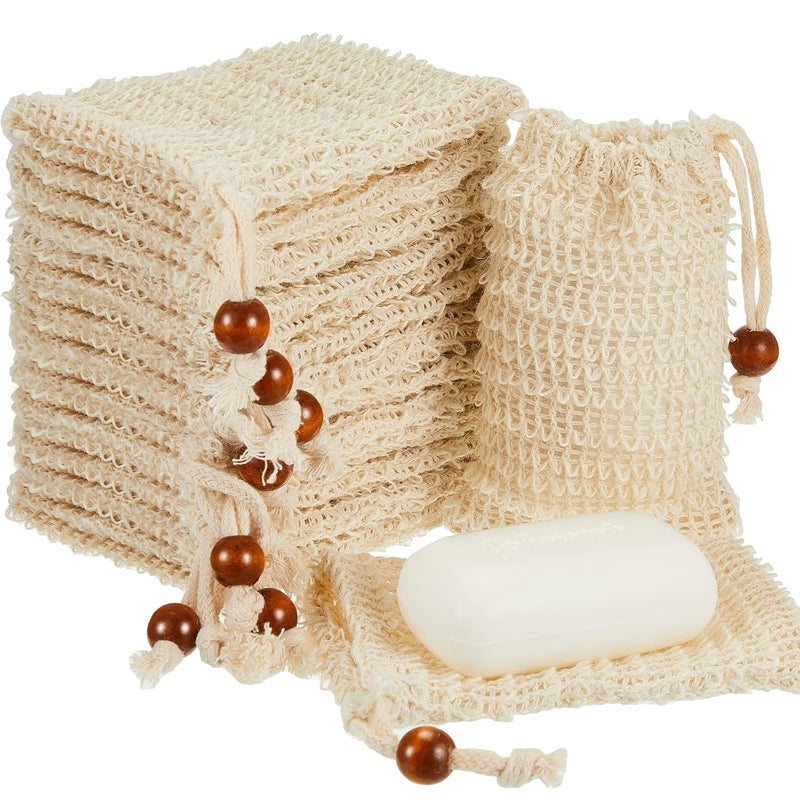 Cunhill Cunhill 80 Pack Sisal Soap Saver Bag Exfoliating Soap Pouch with Drawstring Bar, Wooden Bead Foaming and Drying Exfoliating Net for Bath and Shower 