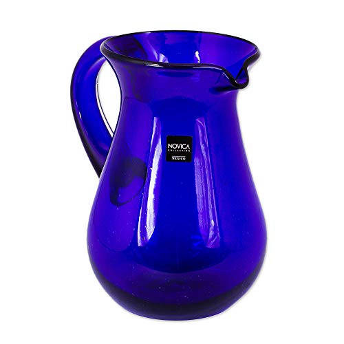 NOVICA Large Blue Hand Blown Glass Pitcher For Water, Margaritas, Lemonade, 82 Oz, 'Cobalt Charm' - Image 4