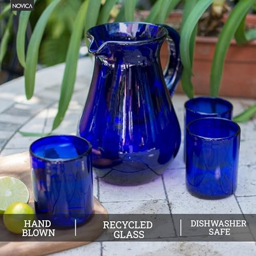 NOVICA Large Blue Hand Blown Glass Pitcher For Water, Margaritas, Lemonade, 82 Oz, 'Cobalt Charm' - Image 5