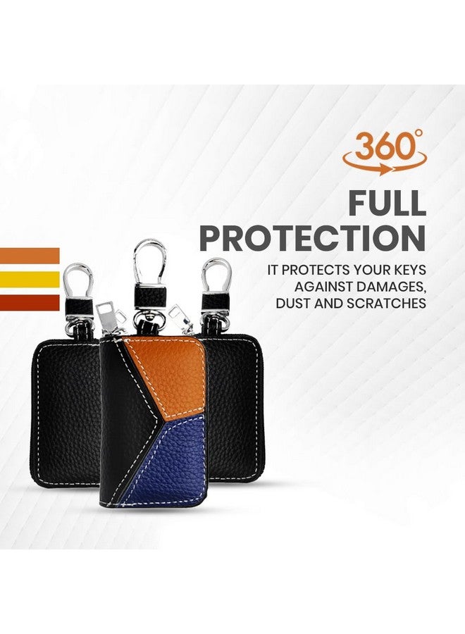 keyzone Unisex Mens Womens Premium Tricolor Pattern Leather Car Key Holder pouch Bag Keychain Case Wallet with Zipper Closure (Black-Blue-Brown) - Image 3