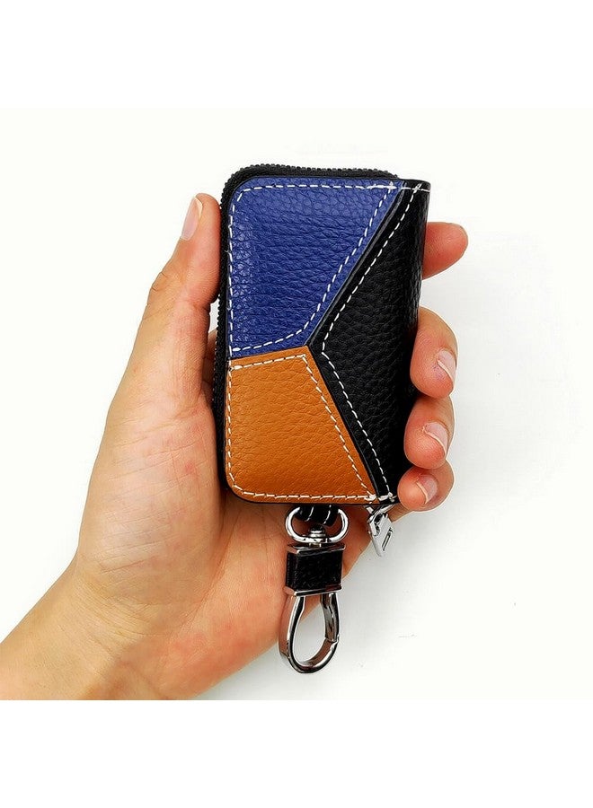 keyzone Unisex Mens Womens Premium Tricolor Pattern Leather Car Key Holder pouch Bag Keychain Case Wallet with Zipper Closure (Black-Blue-Brown) - Image 1