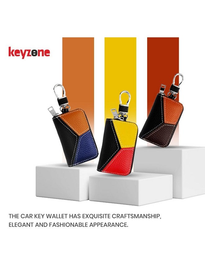 keyzone Unisex Mens Womens Premium Tricolor Pattern Leather Car Key Holder pouch Bag Keychain Case Wallet with Zipper Closure (Black-Blue-Brown) - Image 2