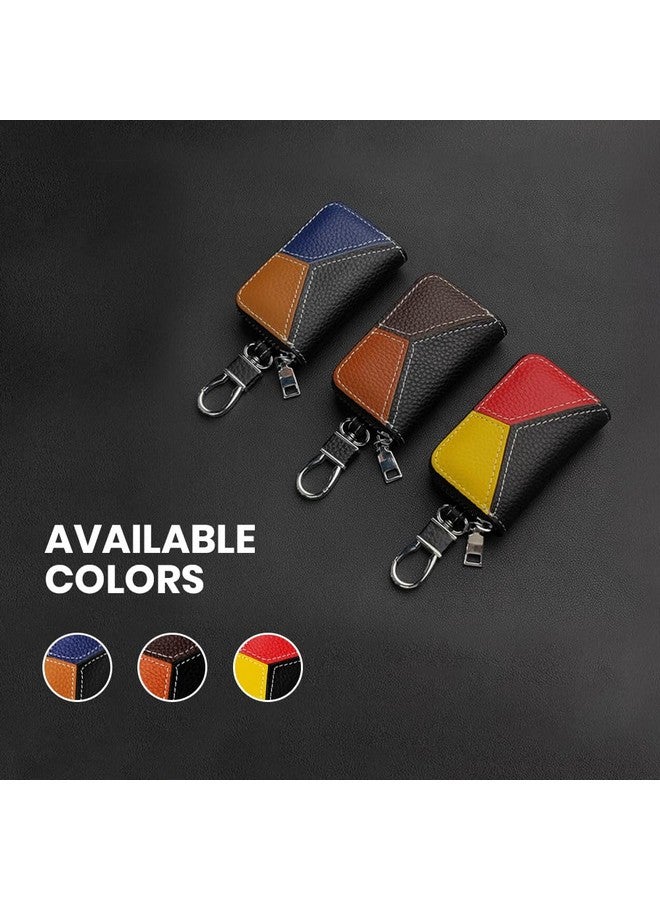 keyzone Unisex Mens Womens Premium Tricolor Pattern Leather Car Key Holder pouch Bag Keychain Case Wallet with Zipper Closure (Black-Blue-Brown) - Image 5