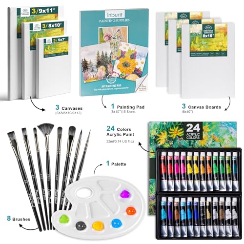 Inburit Paint Set for Adults & Kids, Painting Supplies Kit with 6 Canvases, 24 Acrylic Paints(22ml), 8 Brushes, 1Painting pad, Palette, Deluxe Paint Set for Kids, Student & Artist - Image 2