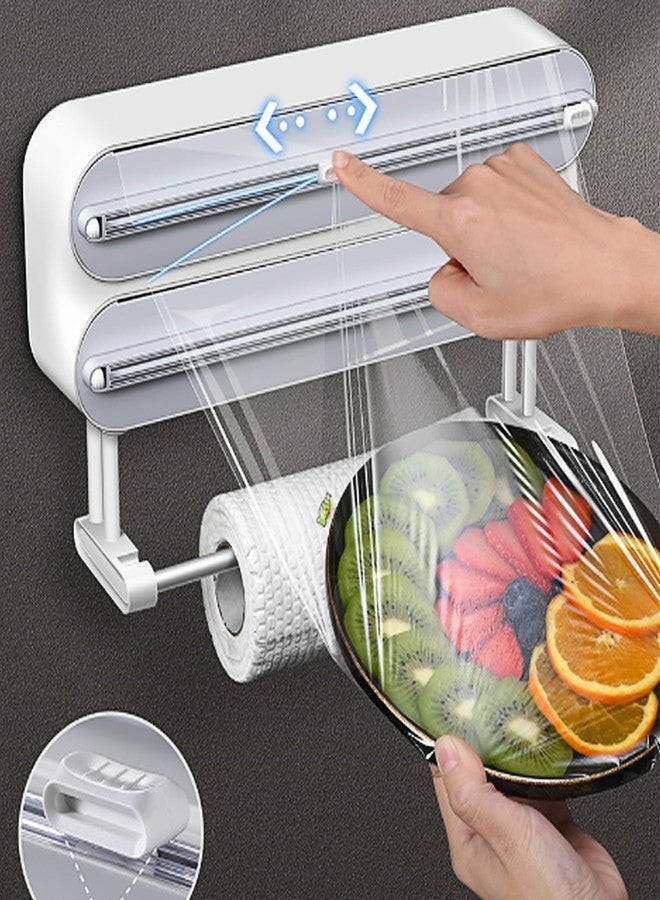 AUSTUFF 3 in 1 Plastic Wrap Dispenser with Cutter，Magnetic Aluminum Foil and Adhesive Film Organizer, Wall Mount Kitchen Wrap Organizer, Cling Wrap Dispenser with Paper Towel Holder and Cutter - Image 1