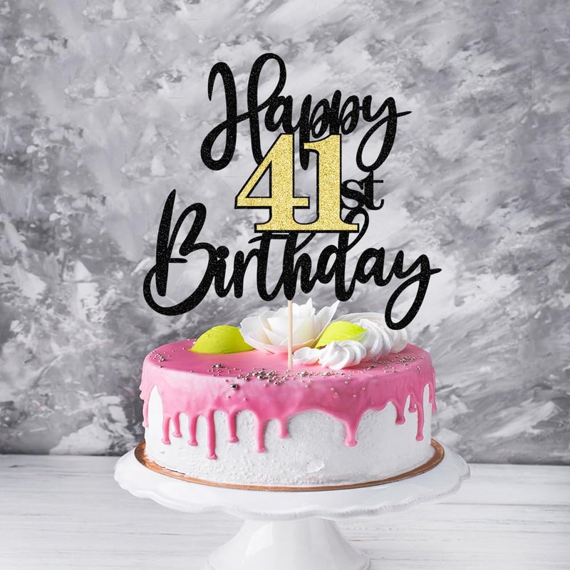 Yetxel Black Gold Glitter Happy 41th Birthday Cake Topper Happy 41 Birthday Cake Decoration for 41 & Fabulous Birthday Hello 41 Party Anniversary Party Cake Decorations Supplies - Image 4