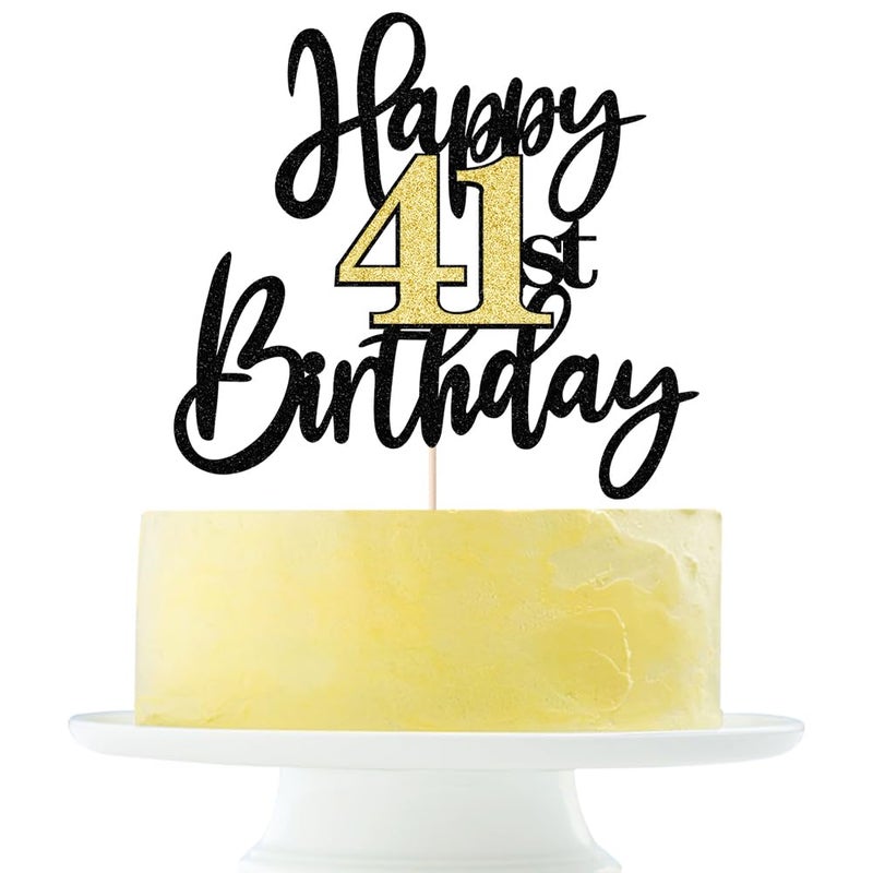 Yetxel Black Gold Glitter Happy 41th Birthday Cake Topper Happy 41 Birthday Cake Decoration for 41 & Fabulous Birthday Hello 41 Party Anniversary Party Cake Decorations Supplies - Image 1