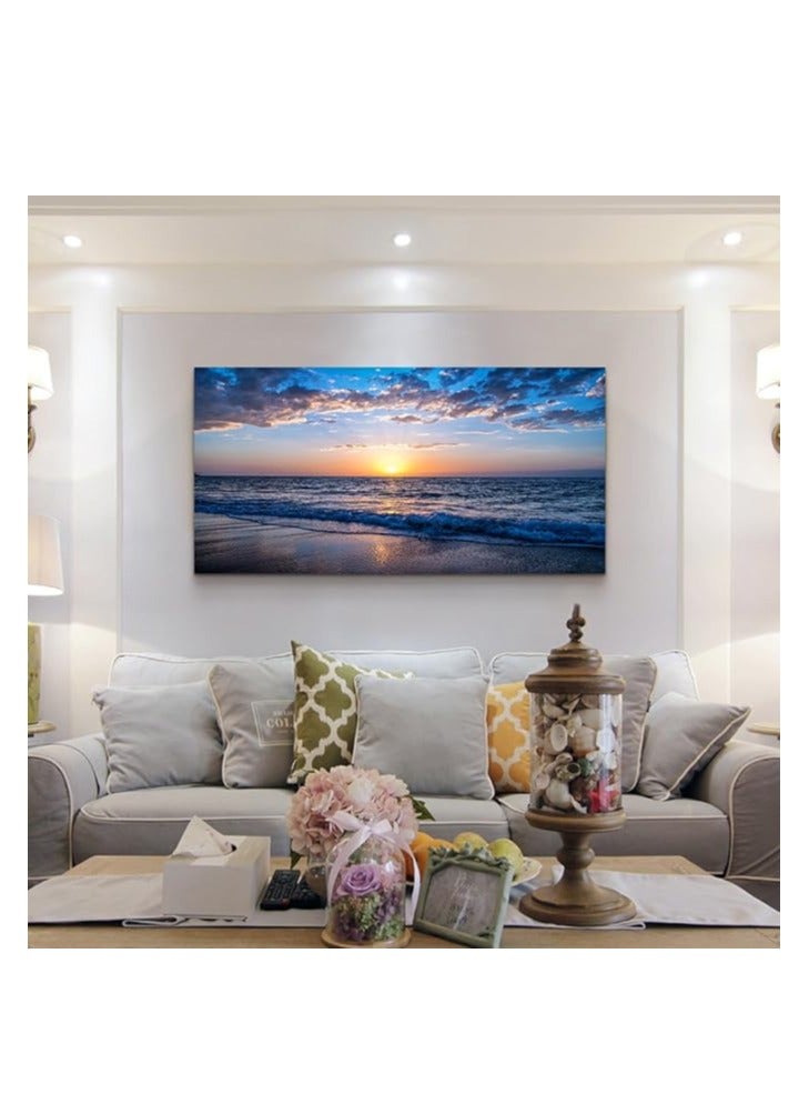 مؤسسة فكرة اليوم فكرة اليوم لوحة فنية جدارية على شكل قمر وبحر ومحيط أزرق ومناظر طبيعية لغرفة النوم مطبوعة على قماش فني جداري لغرفة المعيشة لوحات لتزيين الحائط وديكور المنزل (20 × 40 بوصة × 1 قطعة) - Image 2