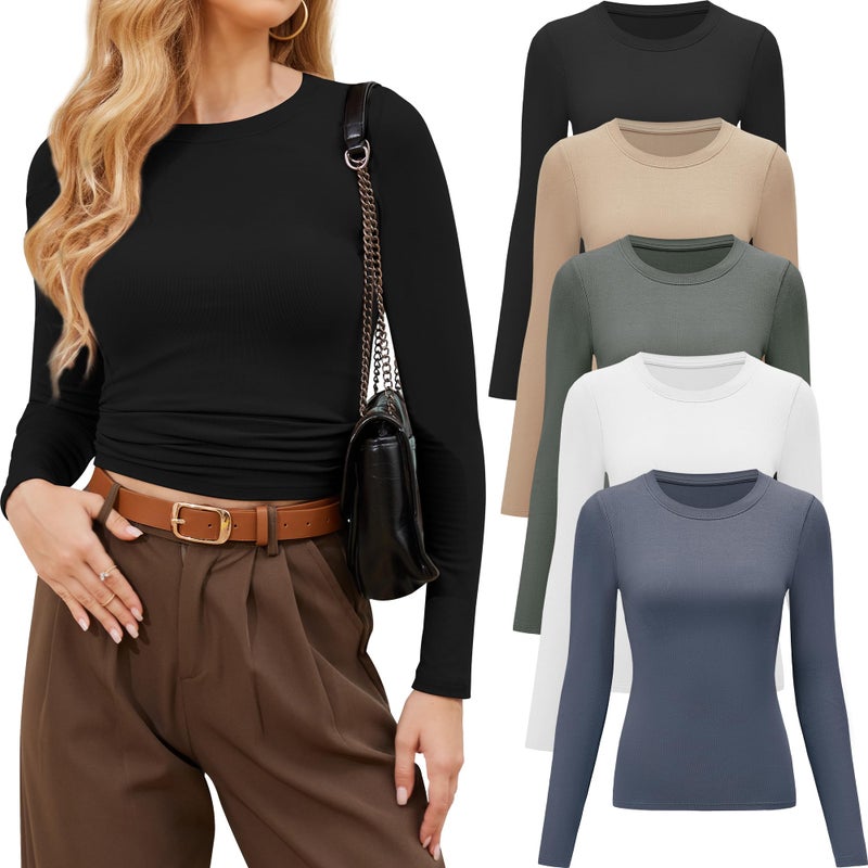 CE' CERDR 3/5 Pack Womens Long Sleeve Shirts Crew Neck Basic Tees Tight Fitted Casual Going Out Stretchy Slim Tops - Image 1