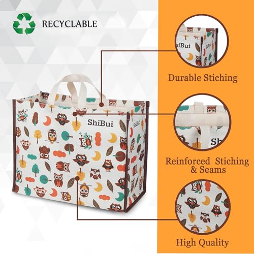 SHIBUI Big Heavy Duty Large Eco Waterproof Cotton Canvas Cloth Grocery Shopping Bag for Men Ladies Vegetable Milk Fruits with Hand Carry Handle Lunch Box Jhola Tote Bags (Owl) (Pack of 3) - Image 3