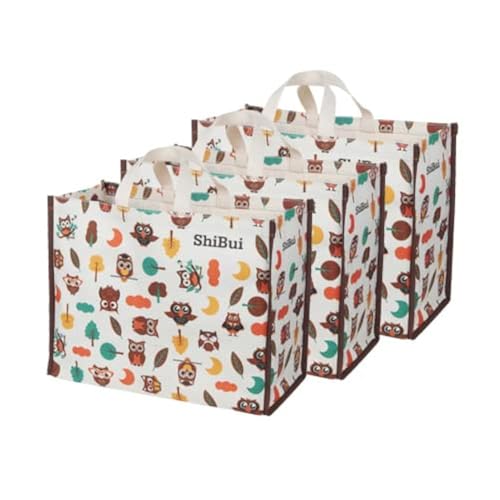 SHIBUI Big Heavy Duty Large Eco Waterproof Cotton Canvas Cloth Grocery Shopping Bag for Men Ladies Vegetable Milk Fruits with Hand Carry Handle Lunch Box Jhola Tote Bags (Owl) (Pack of 3) - Image 1