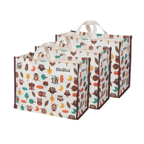 SHIBUI Big Heavy Duty Large Eco Waterproof Cotton Canvas Cloth Grocery Shopping Bag for Men Ladies Vegetable Milk Fruits with Hand Carry Handle Lunch Box Jhola Tote Bags (Owl) (Pack of 3) - Image 2