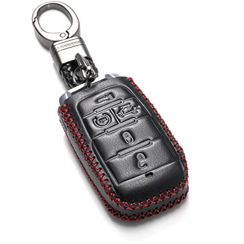 Vitodeco Genuine Leather Smart Key Fob Case Cover Protector Compatible with RAM 1500, RAM 2500, RAM 3500 2019-2025 (5-Button with Tailgate, Black/Red) - Image 1