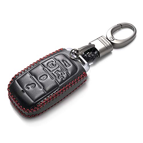 Vitodeco Genuine Leather Smart Key Fob Case Cover Protector Compatible with RAM 1500, RAM 2500, RAM 3500 2019-2025 (5-Button with Tailgate, Black/Red) - Image 2