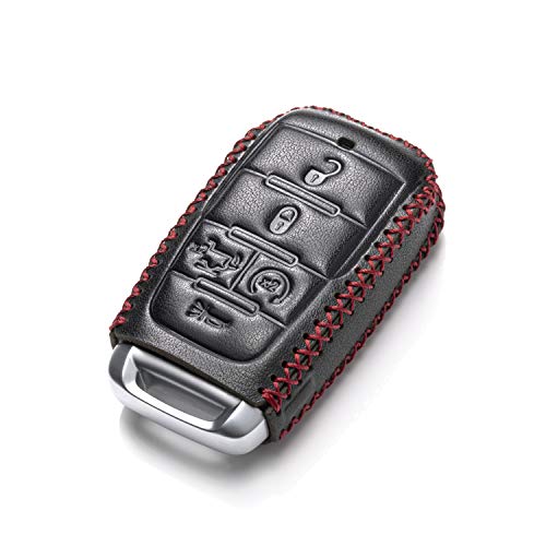 Vitodeco Genuine Leather Smart Key Fob Case Cover Protector Compatible with RAM 1500, RAM 2500, RAM 3500 2019-2025 (5-Button with Tailgate, Black/Red) - Image 3