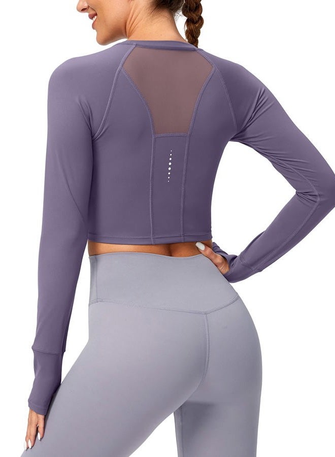 SANTINY Women's Long Sleeve Crop Workout Tops Slim Fit Gym Yoga Running Shirts for Women(Dusty Purple_M) - Image 1