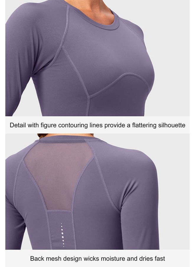 SANTINY Women's Long Sleeve Crop Workout Tops Slim Fit Gym Yoga Running Shirts for Women(Dusty Purple_M) - Image 3