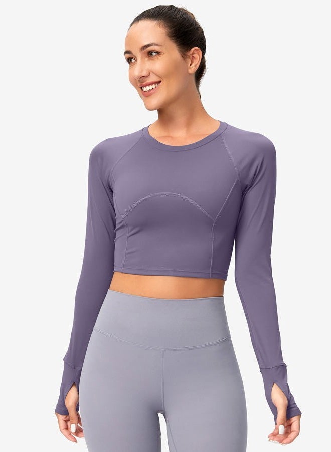 SANTINY Women's Long Sleeve Crop Workout Tops Slim Fit Gym Yoga Running Shirts for Women(Dusty Purple_M) - Image 2