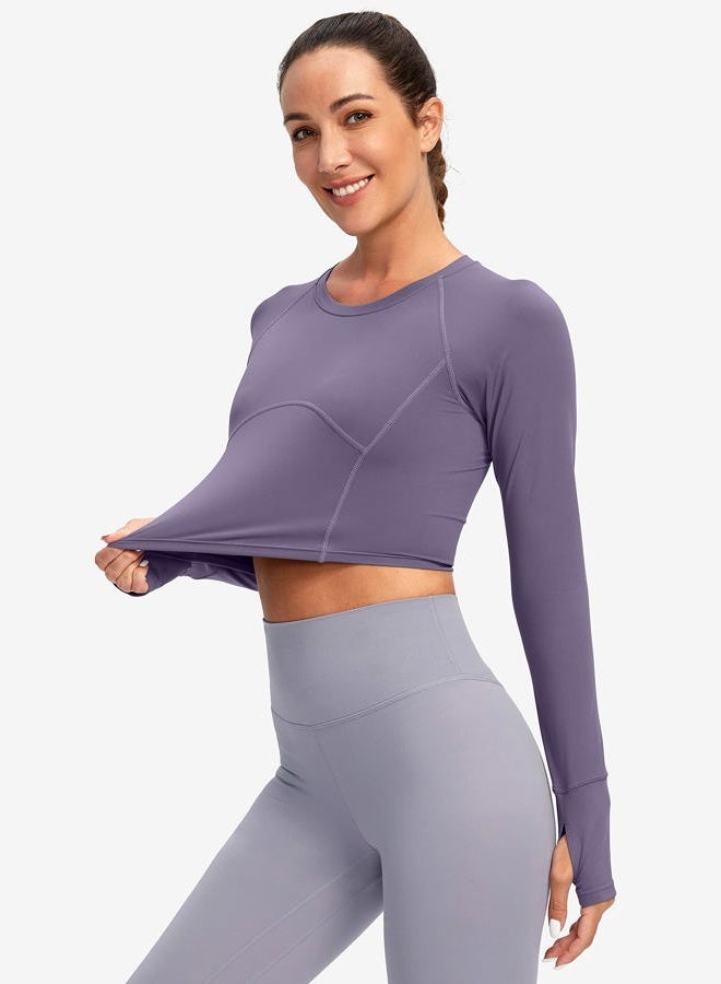 SANTINY Women's Long Sleeve Crop Workout Tops Slim Fit Gym Yoga Running Shirts for Women(Dusty Purple_M) - Image 5