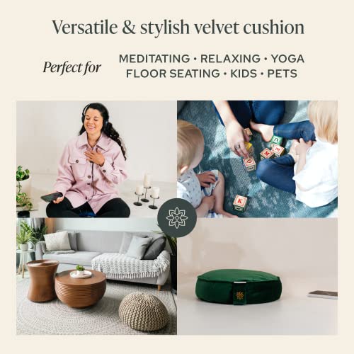 Mindful Modern Velvet Meditation Cushion | Luxe Zafu Yoga Floor Pillow Seat | Posture Support | Buckwheat Hull Filled | Large Round Cushion with Removable Washable Cover + Carry Handle | Color Green - Image 5