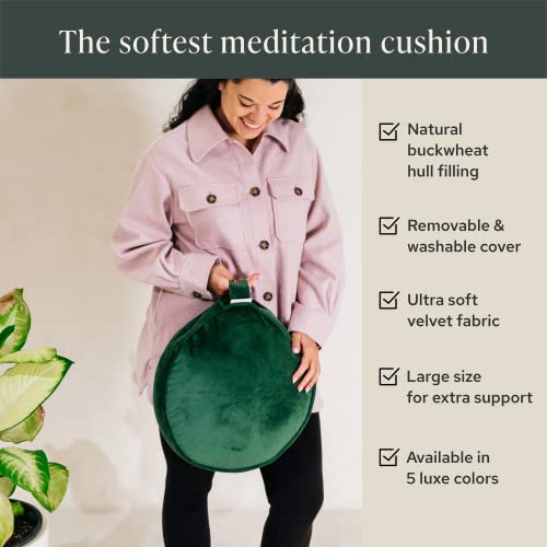 Mindful Modern Velvet Meditation Cushion | Luxe Zafu Yoga Floor Pillow Seat | Posture Support | Buckwheat Hull Filled | Large Round Cushion with Removable Washable Cover + Carry Handle | Color Green - Image 3
