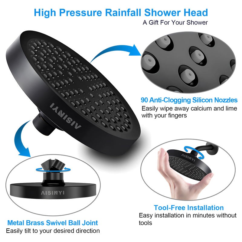 AISINYI High Pressure Rainfall Shower Head, 6 Inches Luxury Modern Showerhead with Perfect Adjustable Replacement, Removable Restrictor, Easy Installation for Your Bathroom Shower Heads (Matte Black) - Image 3