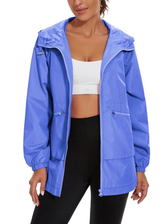 PESION Womens Waterproof Raincoat Lightweight Rain Jacket Trench Coat Hooded Windbreaker With Pockets for Outdoor, Light Blue, L - Image 2