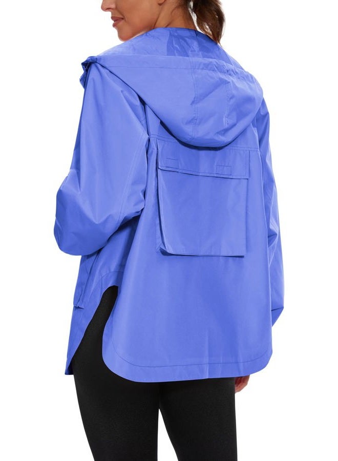 PESION Womens Waterproof Raincoat Lightweight Rain Jacket Trench Coat Hooded Windbreaker With Pockets for Outdoor, Light Blue, L - Image 4