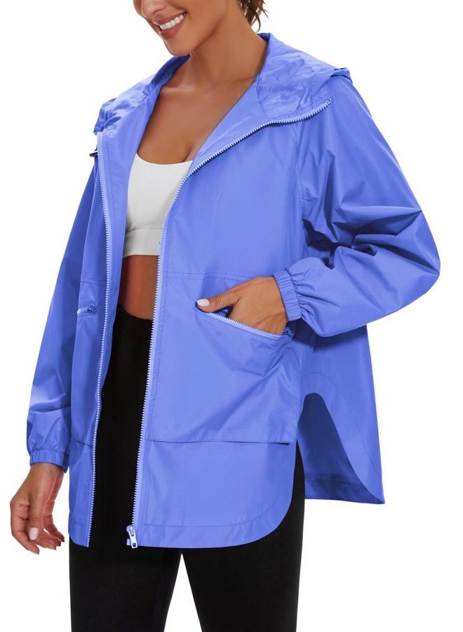 PESION Womens Waterproof Raincoat Lightweight Rain Jacket Trench Coat Hooded Windbreaker With Pockets for Outdoor, Light Blue, L - Image 1