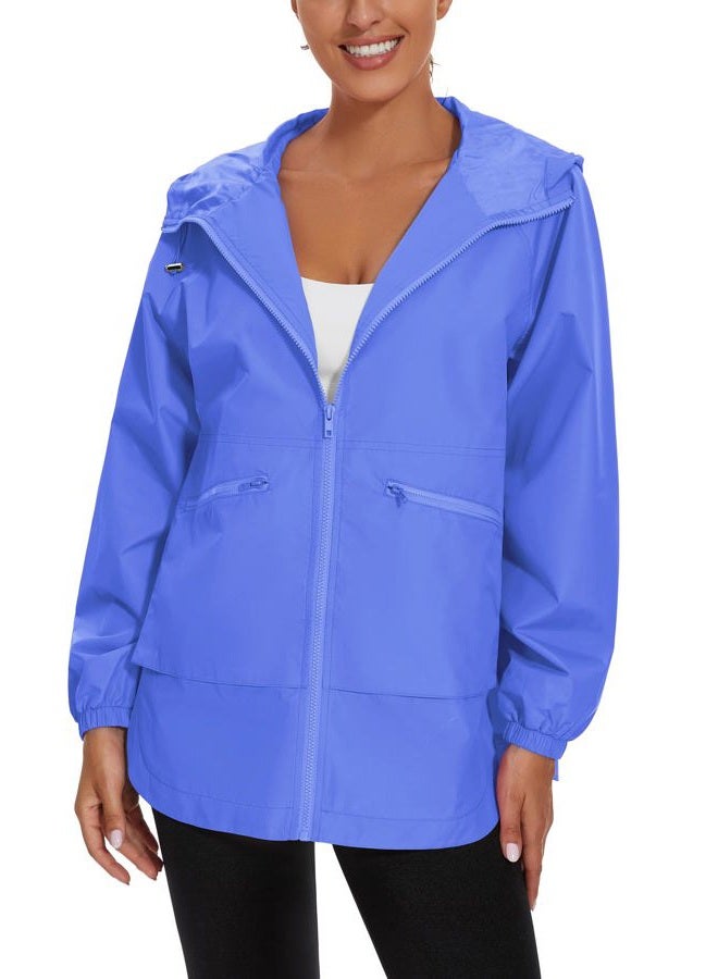PESION Womens Waterproof Raincoat Lightweight Rain Jacket Trench Coat Hooded Windbreaker With Pockets for Outdoor, Light Blue, L - Image 3