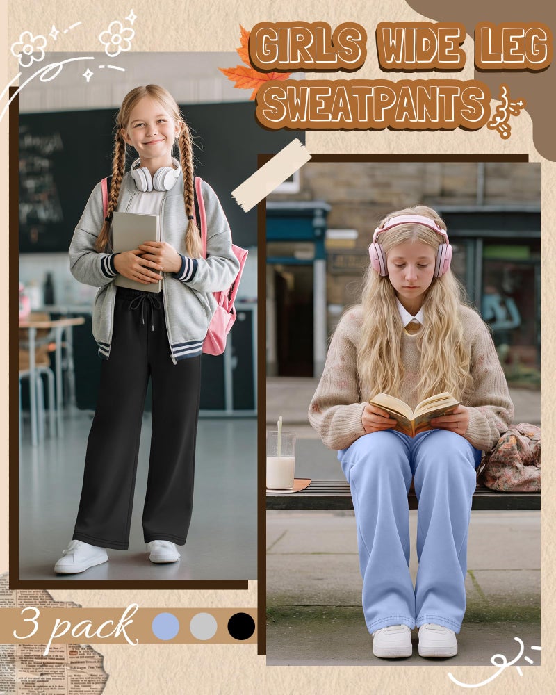 LessonZoo 3 Pack Girls' Sweatpants Straight Wide Leg Kids Drawstring Casual Joggers Teen Loose Athletic Pants with Pockets(Light Blue, Light Heather Gray, Black,11-12 Years) - Image 5