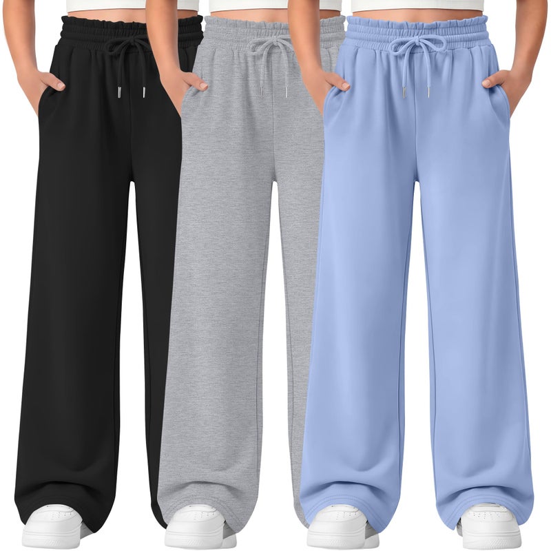 LessonZoo 3 Pack Girls' Sweatpants Straight Wide Leg Kids Drawstring Casual Joggers Teen Loose Athletic Pants with Pockets(Light Blue, Light Heather Gray, Black,11-12 Years) - Image 1