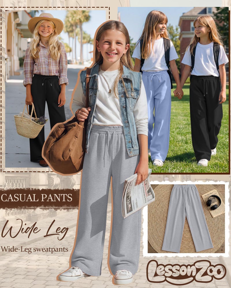 LessonZoo 3 Pack Girls' Sweatpants Straight Wide Leg Kids Drawstring Casual Joggers Teen Loose Athletic Pants with Pockets(Light Blue, Light Heather Gray, Black,11-12 Years) - Image 4